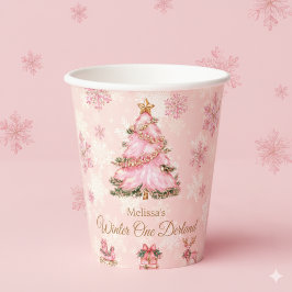 Gobelets En Papier Winter Onderland Girl 1st Birthday Pink Snowflake