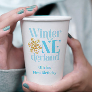 Gobelets En Papier Winter Onederland Blue Gold Snowflake 1er annivers