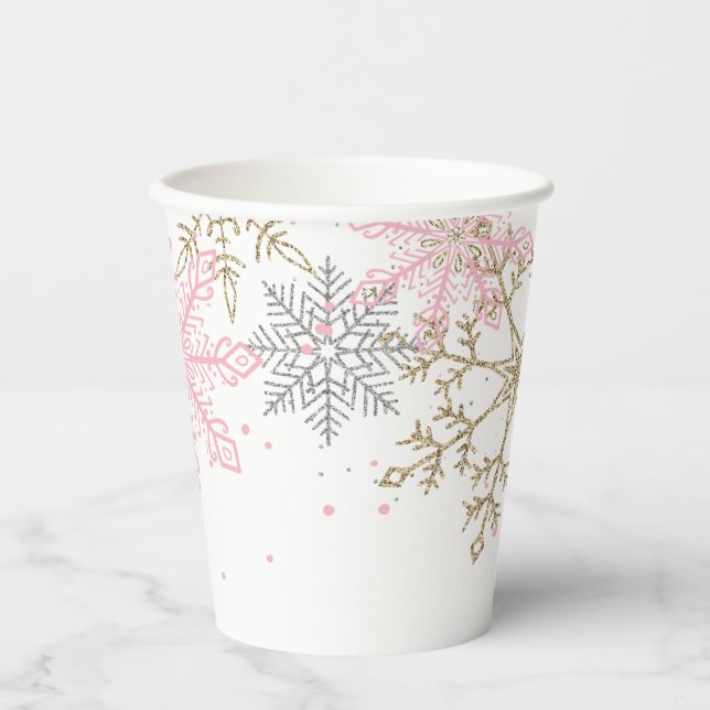 Gobelets En Papier Winter Onederland Pink Gold Snowflakes Anniversair (Recto)