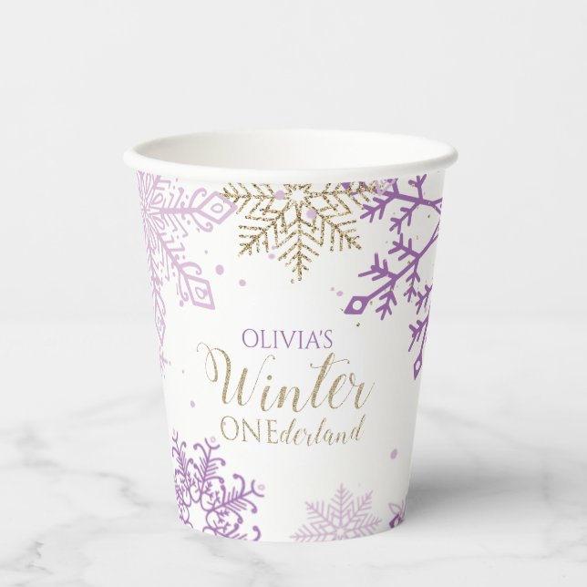 Gobelets En Papier Winter Onederland premier anniversaire or pourpre (Recto)