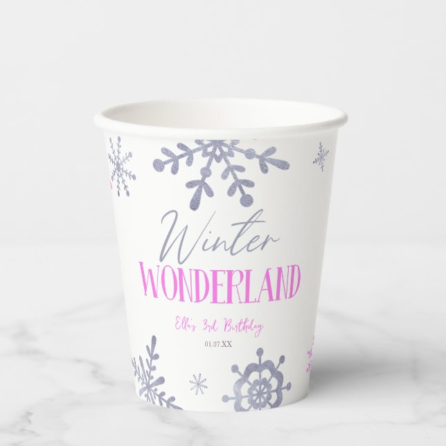 Gobelets En Papier Winter Wonderland Pink Snowflake fête d'anniversai (Recto)