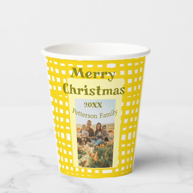 Gobelets En Papier Yellow white plaid retro Christmas holiday family  (Recto)