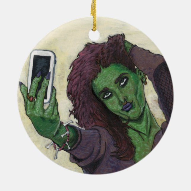 Goblin Girl Phone Selfie Fantasy Keramik Ornament (Hinten)
