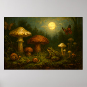 Goblincore-Pilze, Schnecken und Frosch im Mondlich Poster