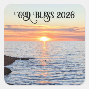 God Bless 2026 Neujahrs-Goldsonnenuntergang-Foto Quadratischer Aufkleber