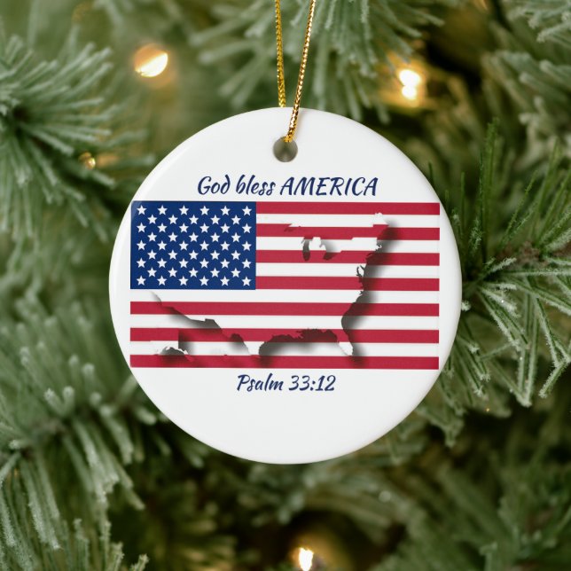 GOD BLESS AMERICA Flag Custom Scripting WHITE Keramik Ornament (Baum)