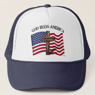 GOD BLESS AMERICA mit robustem Kreuz und US-Flagge Truckerkappe