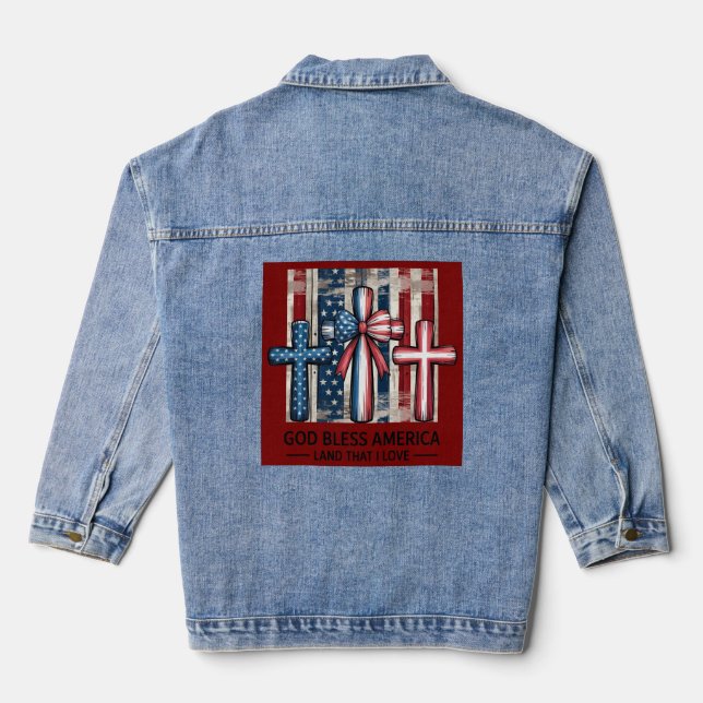 God Bless America Patriotic Cross Denim Jacket (Verso)