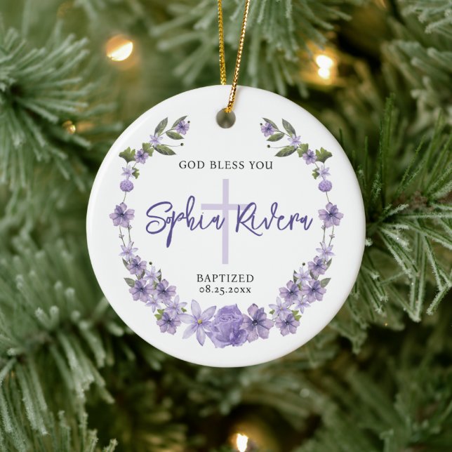 God Bless Christening Girl Purple Blumen Keramik Ornament (Baum)