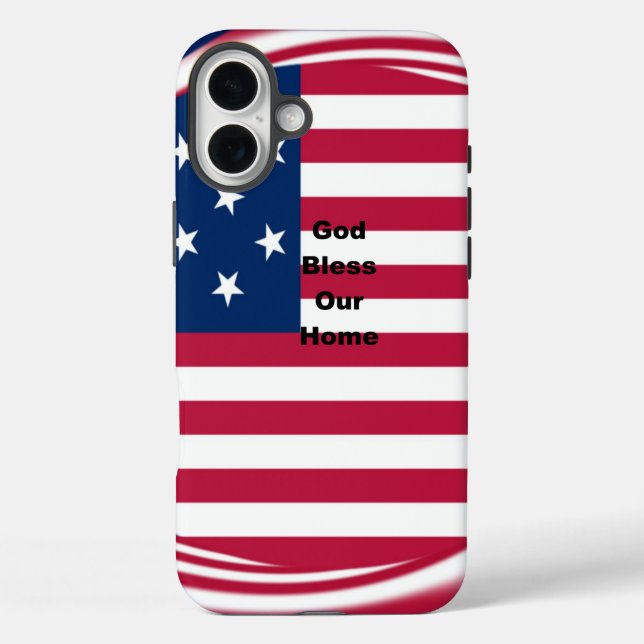 God Bless Our Zuhause: USA Flag Swirl Art iPhone 16 Plus Hülle (Rückseite)