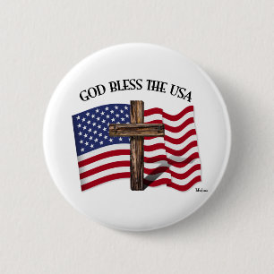 GOD BLESS THE USA mit robustem Kreuz & US-Flagge Button