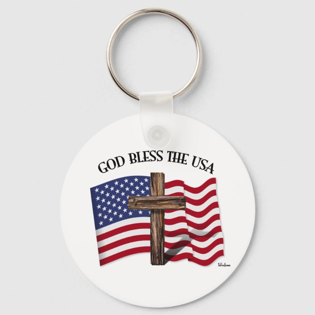 GOD BLESS THE USA mit robustem Kreuz & US-Flagge Schlüsselanhänger (Vorderseite)