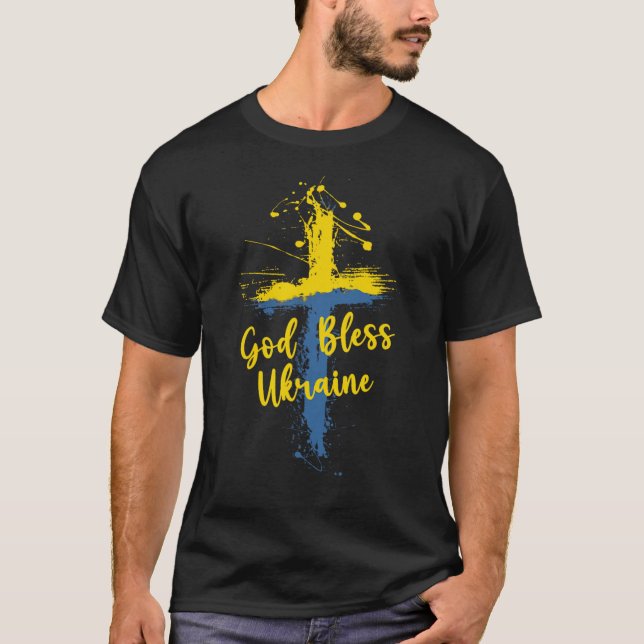 God Bless Ukraine Cross Christian Support Pray For T-Shirt (Vorderseite)