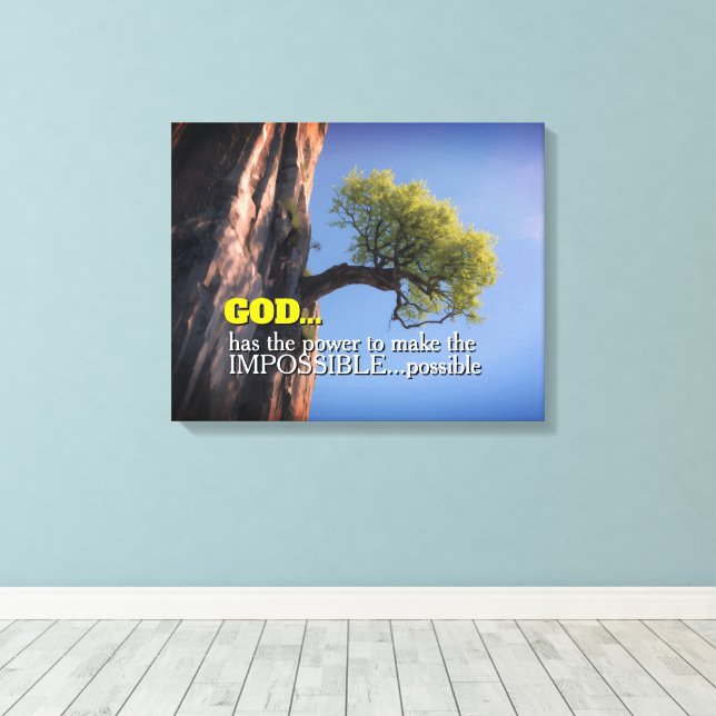 God Can Make Impossible Possible -Cliffside Tree Leinwanddruck (Insitu (Holzboden))