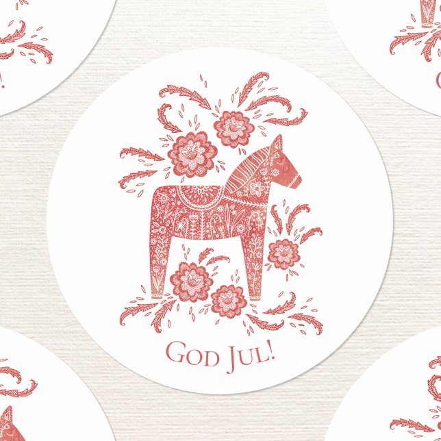 God Jul Dala Horse Red Holidays Runder Aufkleber (Swedish Dala Horse red and white God Jul sticker)