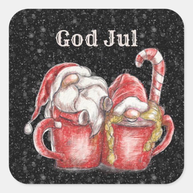 God Jul Gnome couple in Cups Square Sticker (Vorderseite)