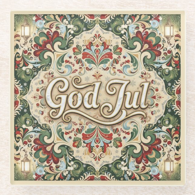 God Jul Norwegian Norway Christmas Glass Coaster Glasuntersetzer (Vorderseite)