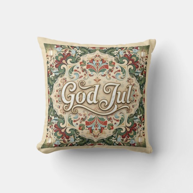 God Jul Norwegian Norway Christmas Throw Pillow Kissen (Vorderseite)