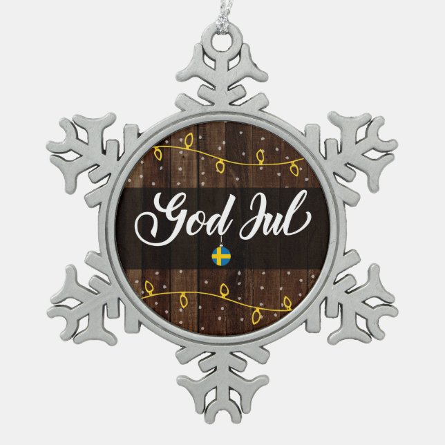 God Jul Swedish Frohe Christmas, Schweden Schneeflocken Zinn-Ornament (Vorderseite)