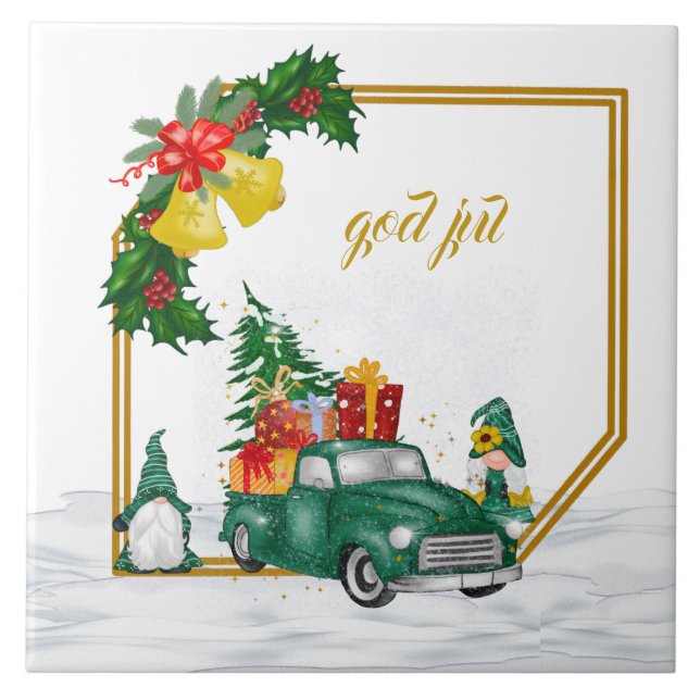 God Jul Swedish Gnomes Green Couple Carreaux en cé (Devant)