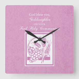 Goddaughter First Communion, Pink Quadratische Wanduhr