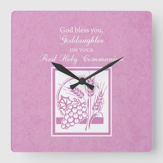 Goddaughter First Communion, Pink Quadratische Wanduhr (Vorderseite)