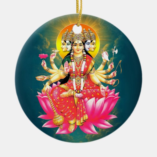 Goddess Gayatri Devi über Lotus Hindu Deity Keramik Ornament (Vorne)