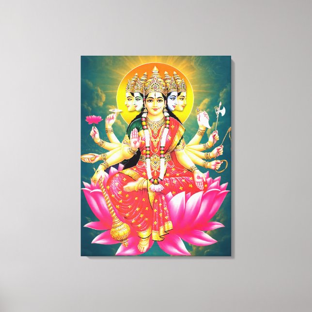 Goddess Gayatri Devi über Lotus Hindu Deity Leinwanddruck (Vorderseite)