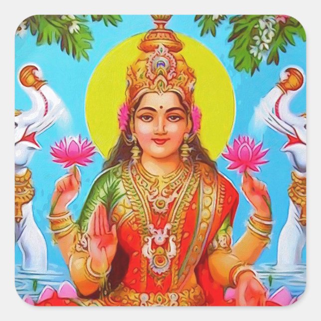 Goddess Lakshmi White Elephants Diwali Malerei Quadratischer Aufkleber (Vorderseite)