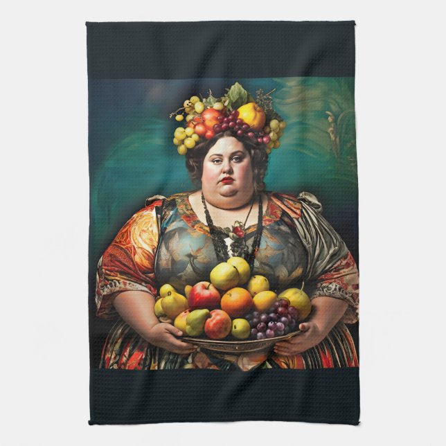 "Goddess of Overindulgence" - farbiges Portrait Geschirrtuch (Vertikal)