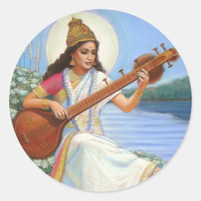 Goddess Sarasvati Runder Aufkleber (Vorderseite)