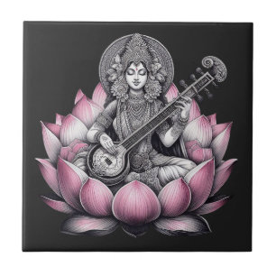 Goddess Saraswati on Lotus Fliese