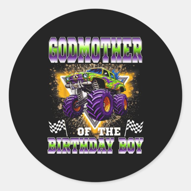 Godmother Of The Birthday Boy Monster Truck Birthd Runder Aufkleber (Vorderseite)