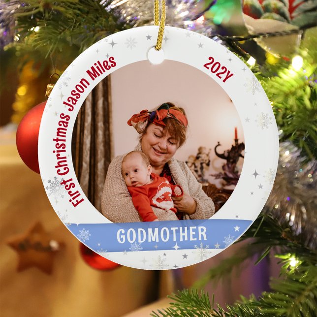 Godmutter Baby Personalisiert Erstes Foto Keramik Ornament (Modern Elegant Cute First Christmas Baby Love you Godmother 1 Photo Snowflakes Stars Bow Holly)