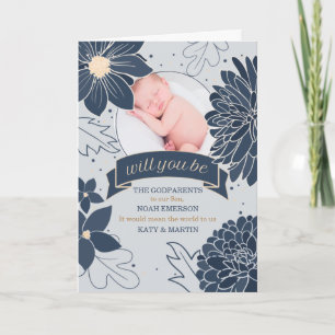 Godparent Request Bold Blue Botanicals mit Foto Karte