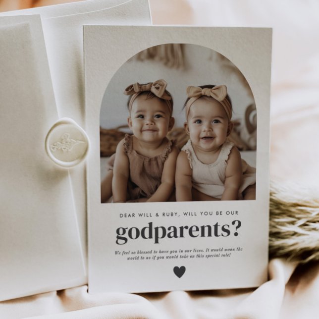 Godparents Arched Photo Proposal Girl Twins Einladung (Zazzle Godparents Arched Photo Proposal Girl Twins)