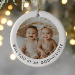 Godparents Photo Proposal Girl Boy Twins Keramik Ornament<br><div class="desc">Looking for a sweet way to ask a loved one to be your twins' Godparents? This modern, minimalist design is the perfect way to pop the question! Whether you're asking a family member or close friends, this will help you create a heartfelt moment that they'll remember forever. This design features...</div>