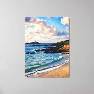 Godrevy's Coastal Charm: Ein Leuchtturm am Horizon Leinwanddruck