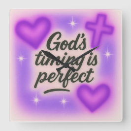 god's timing is perfect airbrush retro 90s purple quadratische wanduhr