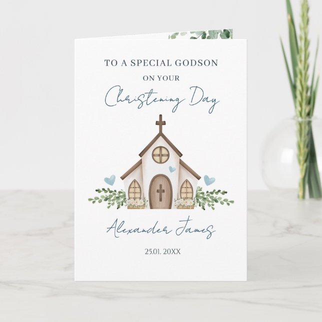 Godson Christening Church Greenery Karte (Vorderseite)