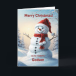 Godson Christmas Snowman Feiertagskarte<br><div class="desc">Eine festliche Winterszene,  die einen fröhlichen Schneemann in einem roten Hut und Schal zeigt. Wünschen Sie sich ein frohes Weihnachtsfest mit einer schönen Schneemannskarte.</div>