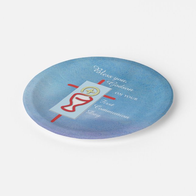 Godson, Erste Heilige Kommunion, Blau Pappteller (Schrägansicht)