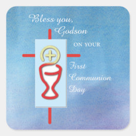 Godson, Erste Heilige Kommunion, Blau Quadratischer Aufkleber
