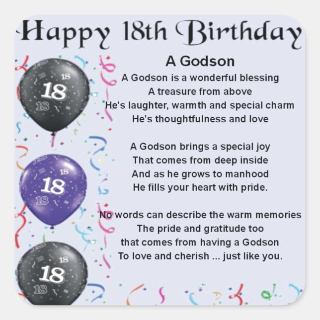 Godson Gedicht - 18. Geburtstag Design Quadratischer Aufkleber (Vorderseite)