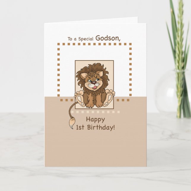 Godson, glücklich 1. Geburtstag Baby Lion Karte (Vorderseite)