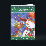 Godson, Niedlich Rentier und Snowman Feiertagskarte<br><div class="desc">Für Godson. Eine wirklich niedliche,  farbenfrohe Weihnachtskarte. Die Abbildung zeigt ein süßes Hirsch mit großen offenen Augen und einen lustigen Schneemann in einem riesigen Hut,  der liebevoll,  von Nase zu Nase aussieht. Sie sind Set gegen einen blauen Aquarellenhimmel und es fällt Schnee um sie herum.</div>