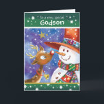Godson, Niedlich Rentier und Snowman Feiertagskarte<br><div class="desc">Für Godson. Eine wirklich niedliche,  farbenfrohe Weihnachtskarte. Die Abbildung zeigt ein süßes Hirsch mit großen offenen Augen und einen lustigen Schneemann in einem riesigen Hut,  der liebevoll,  von Nase zu Nase aussieht. Sie sind Set gegen einen blauen Aquarellenhimmel und es fällt Schnee um sie herum.</div>