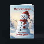 Godtochter Christmas Snowman Feiertagskarte<br><div class="desc">Eine festliche Winterszene,  die einen fröhlichen Schneemann in einem roten Hut und Schal zeigt. Wünschen Sie Ihrer Patentin ein frohes Weihnachtsfest mit einer schönen Schneemannskarte.</div>