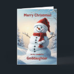 Godtochter Christmas Snowman Feiertagskarte<br><div class="desc">Eine festliche Winterszene,  die einen fröhlichen Schneemann in einem roten Hut und Schal zeigt. Wünschen Sie Ihrer Patentin ein frohes Weihnachtsfest mit einer schönen Schneemannskarte.</div>
