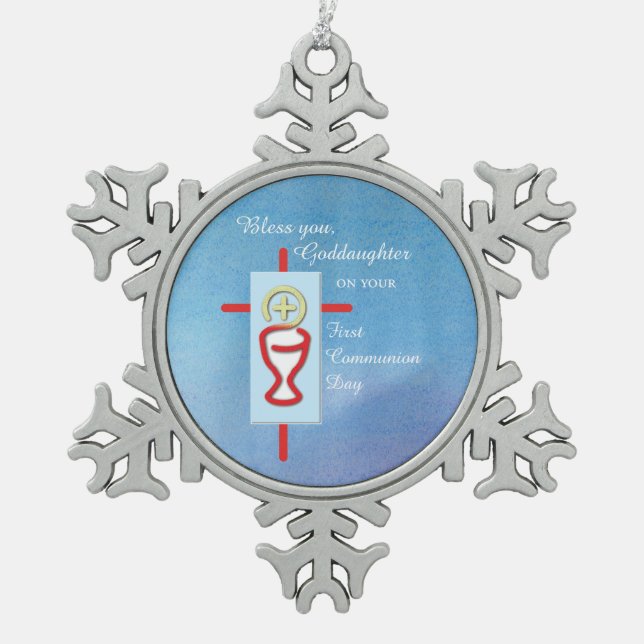 Godtochter, Erste Heilige Kommune, Türkis Schneeflocken Zinn-Ornament (Vorderseite)